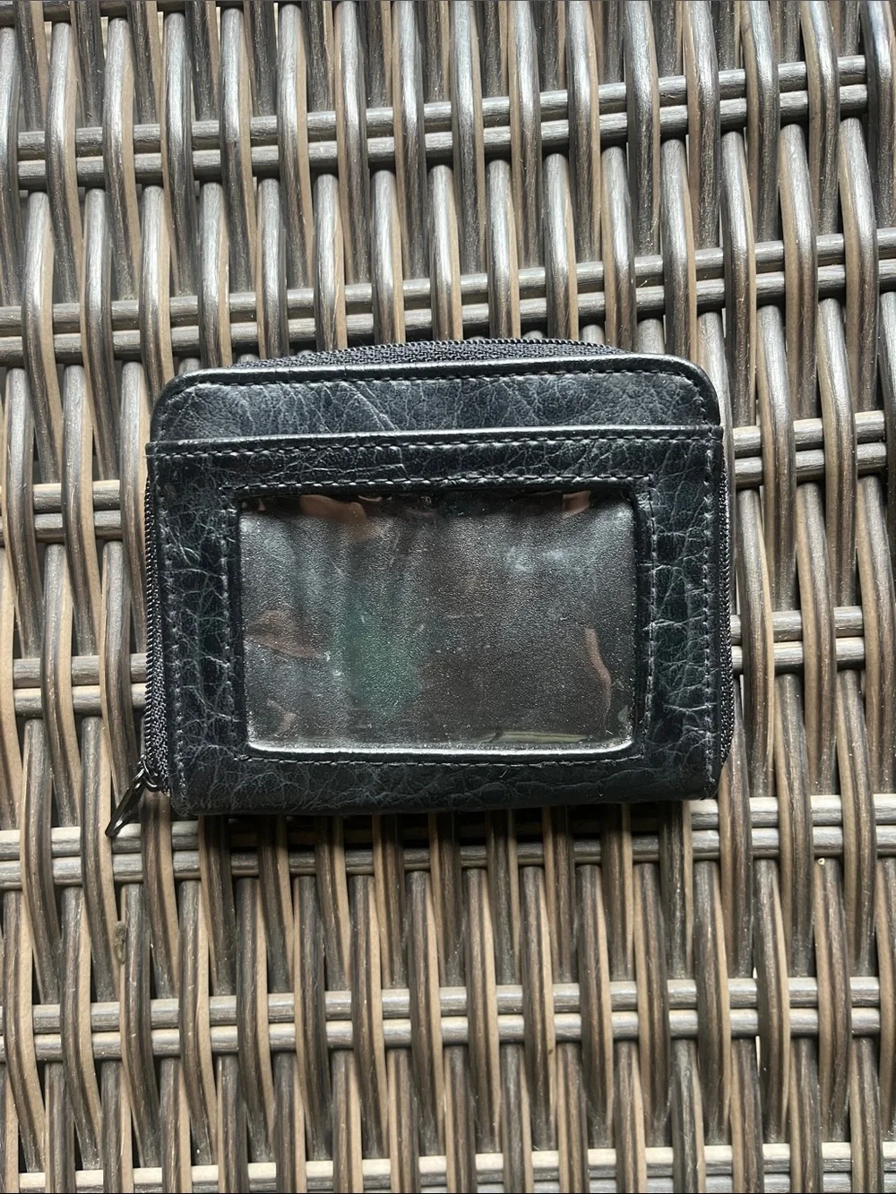 Men's Black Leather Zip Card Holder with Metal Accent